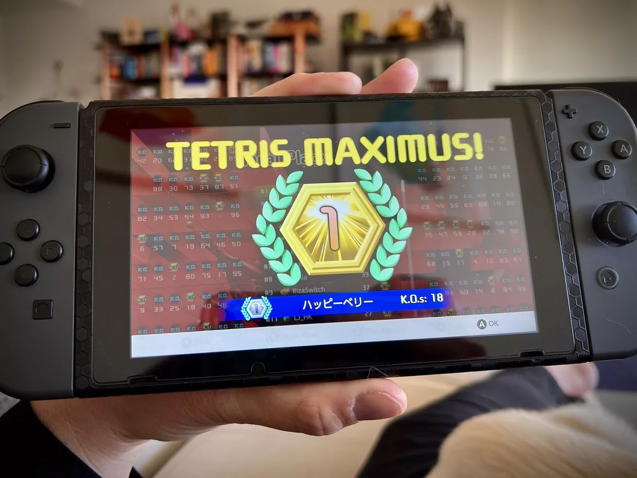 Nintendo Switch showing a Tetris 99 first-place victory screen