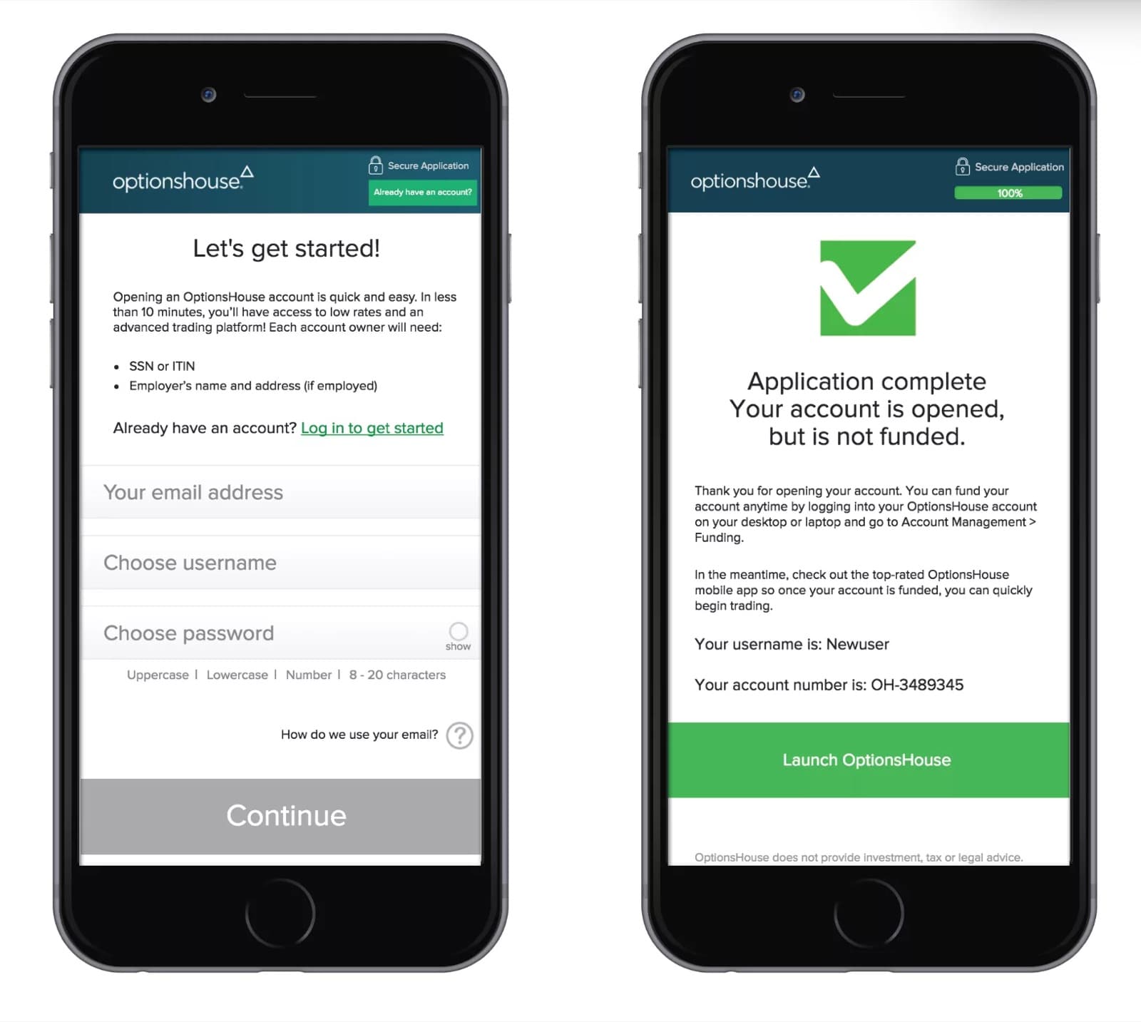 Mobile screens from an OptionsHouse customer account application prototype.