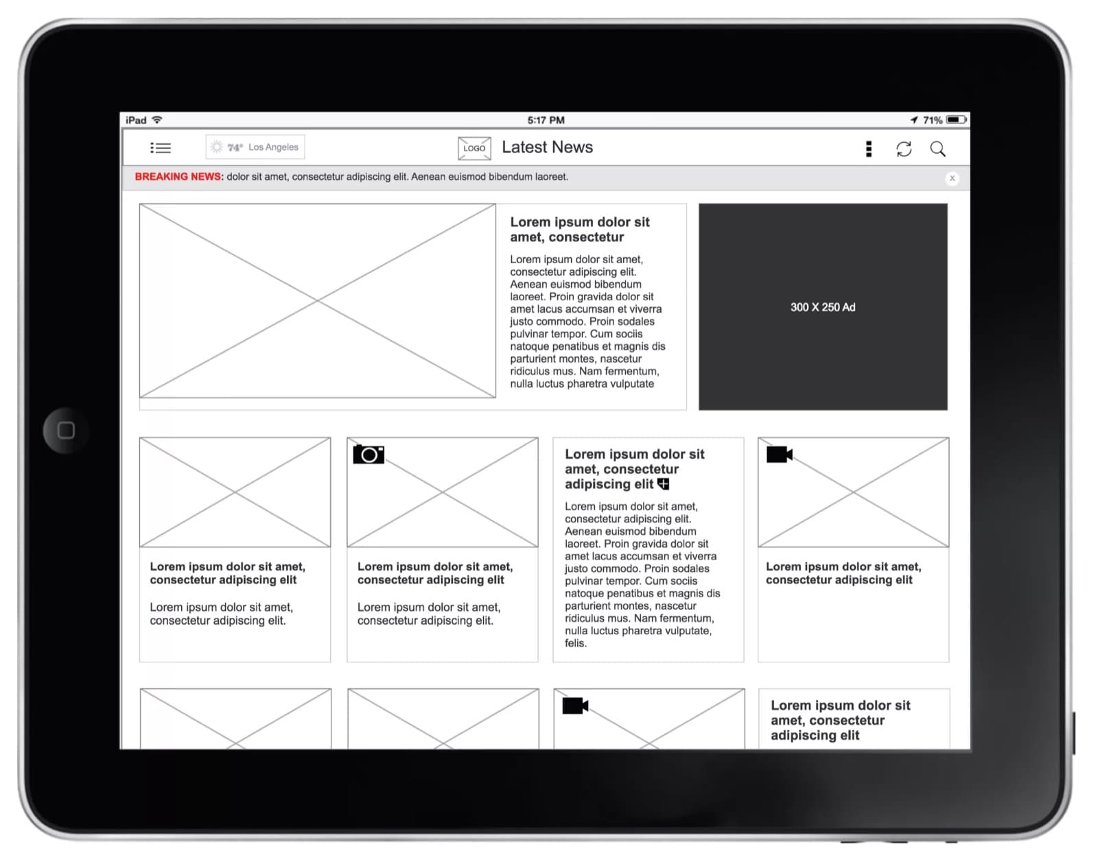 UX architecture diagrams and prototype for a Los Angeles Times news app.