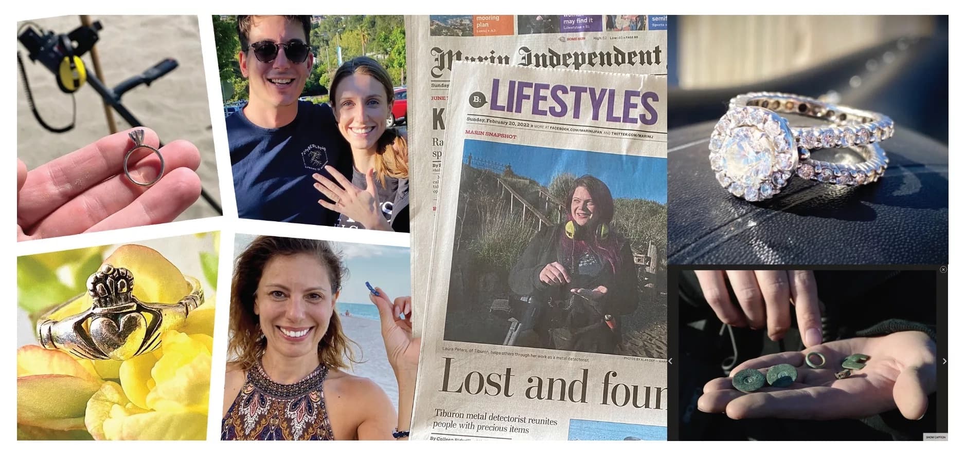 Recovered jewelry, people reunited with lost items, and Marin Independent Journal coverage of Bay Area metal detecting recoveries.