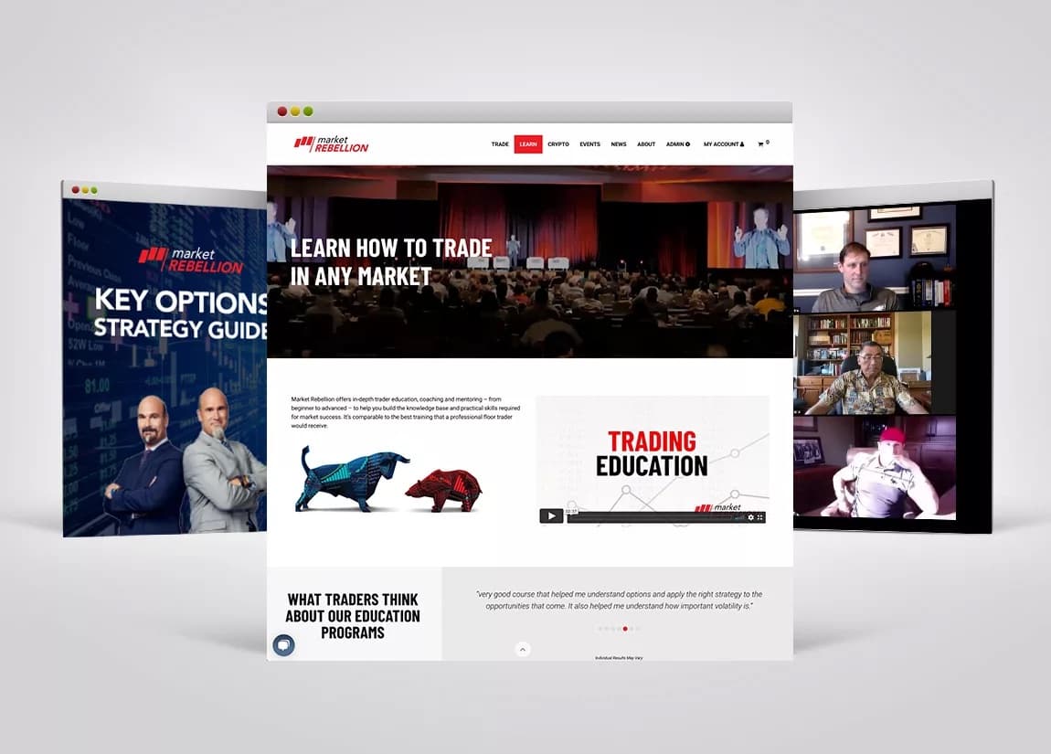 Market Rebellion education product surfaces, including the learning site, a strategy guide, and remote coaching.