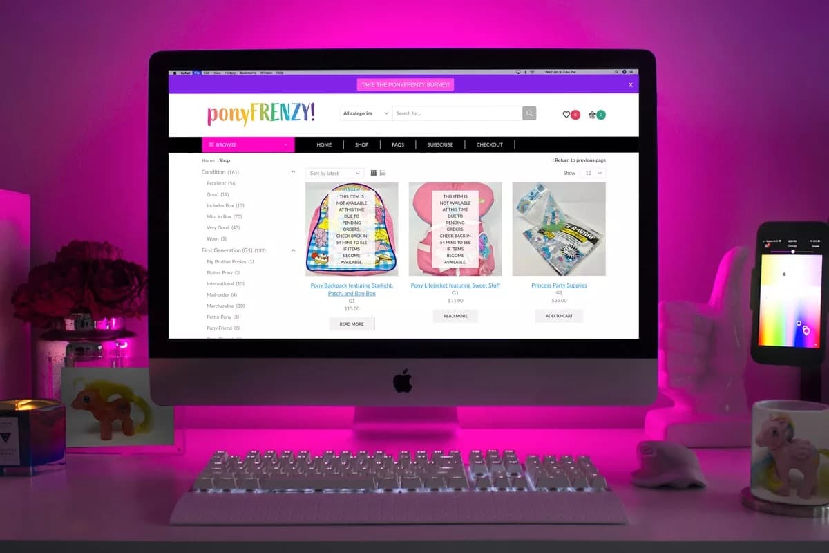 PonyFrenzy collectible marketplace on a studio desk, showing the shop grid, filters, and frenzy-day merchandising.