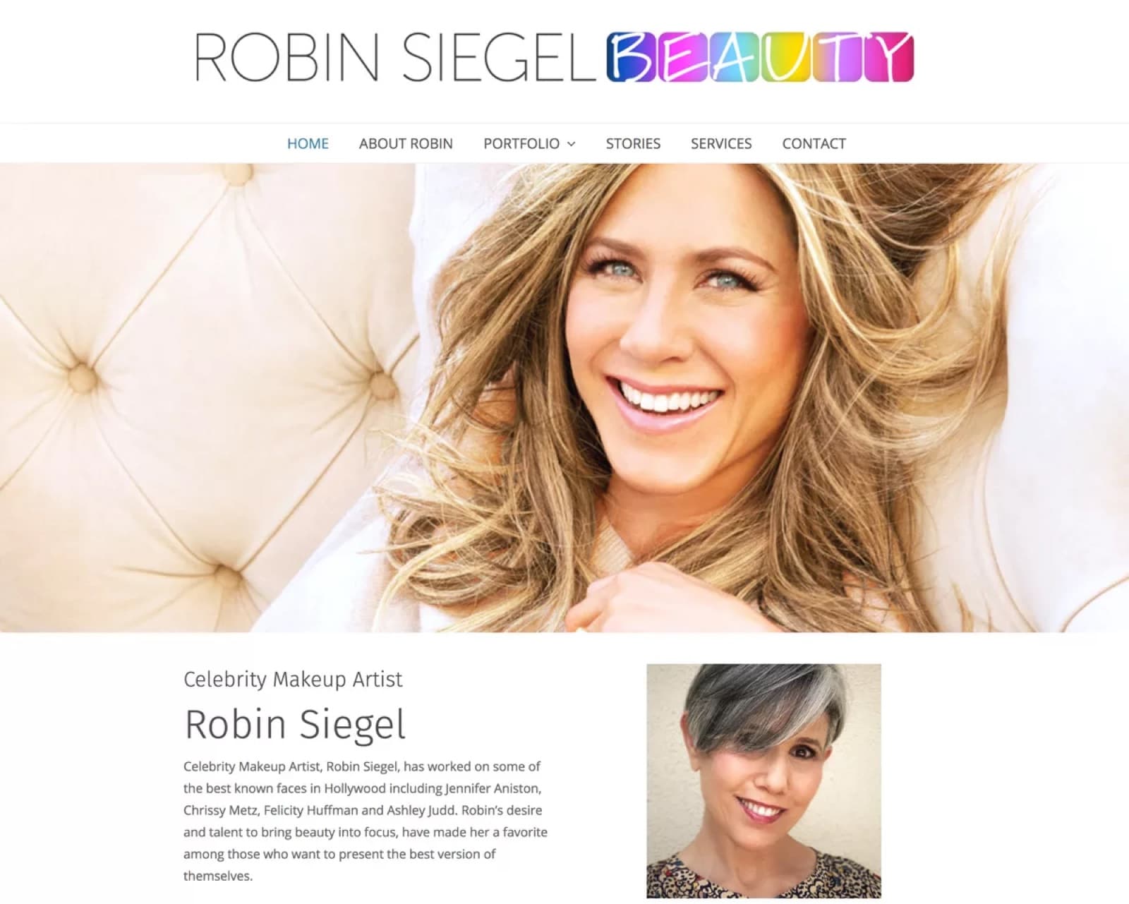 Robin Siegel Beauty website on a laptop, showing the artist’s portrait and portfolio.