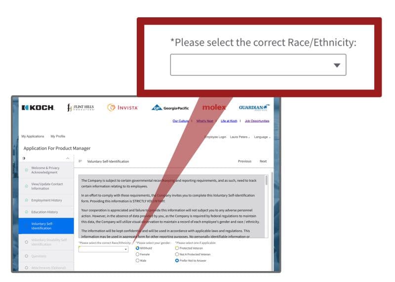 Job application screenshot highlighting a form field that asks applicants to select the “correct” race or ethnicity.